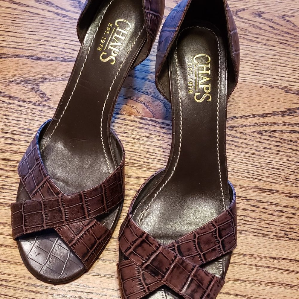 Ralph Lauren Chaps Women's 8.5 Brown Leather Pumps Croc Peep Toe Heels